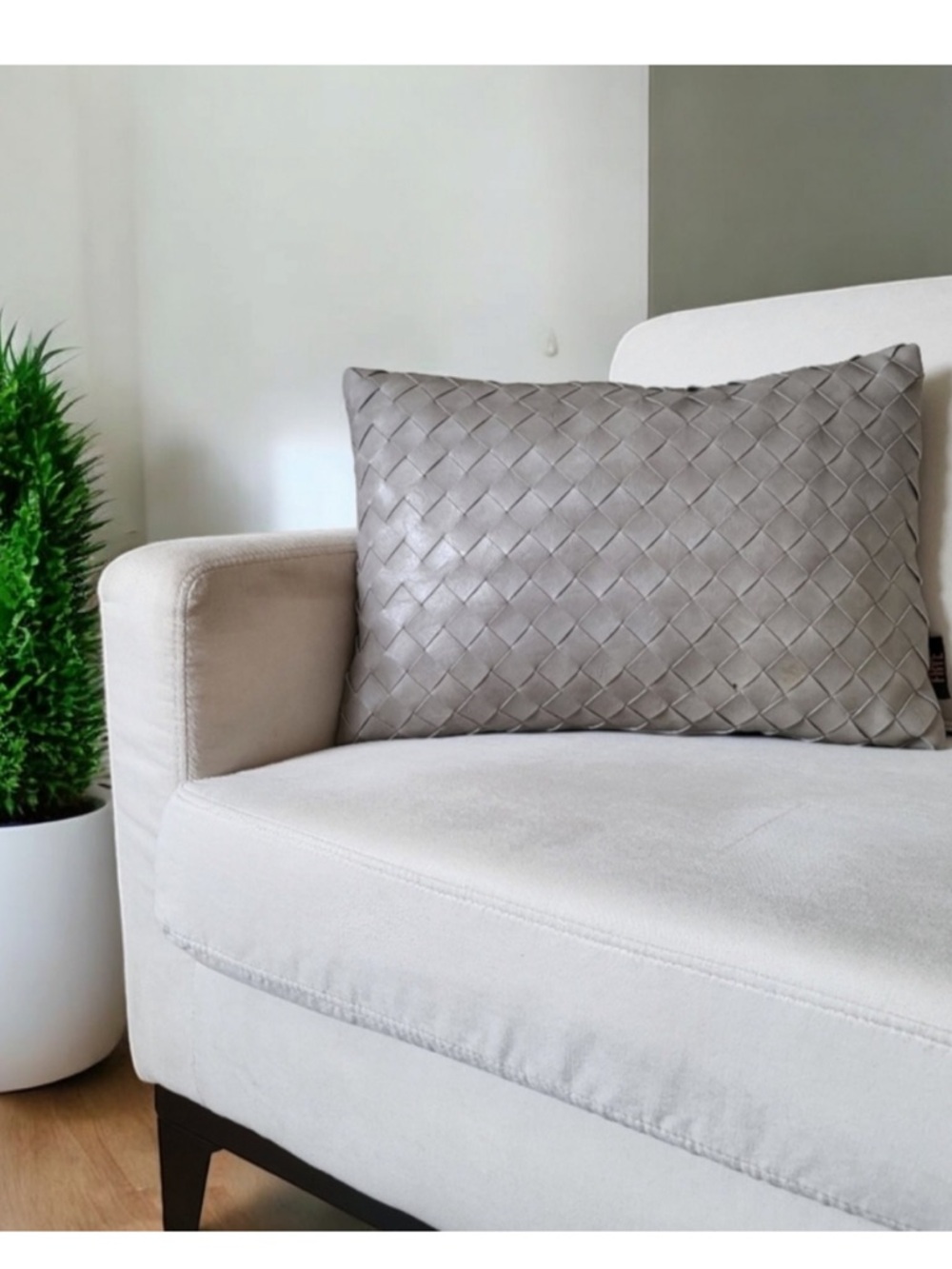 Frye Faux Leather Pillow Gray Basketweave Decorative Lumbar Pillow 14"×20"